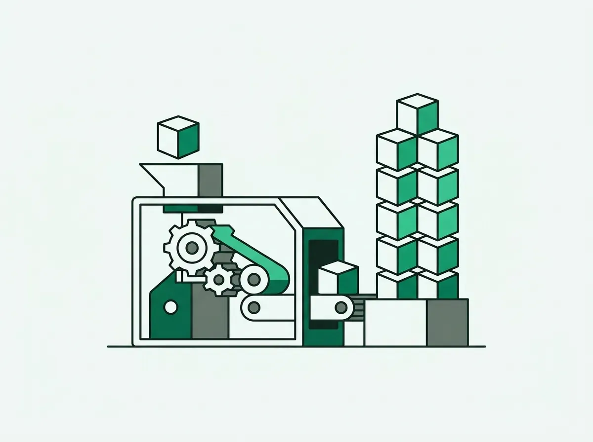 An illustration of a machine turning one small cube into a large stack of ten cubes, symbolizing a 10x increase in results.