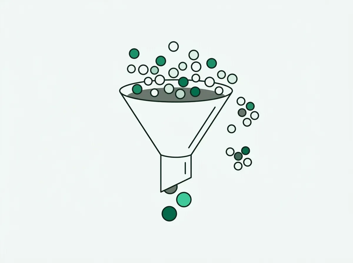 An abstract funnel showing many items entering but only a few successfully passing through, symbolizing a filter or failure rate.
