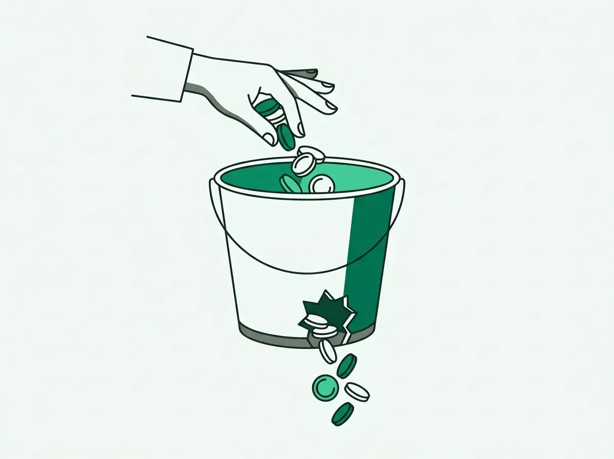 A hand dropping coins into a bucket with a hole, illustrating wasted resources and inefficiency.