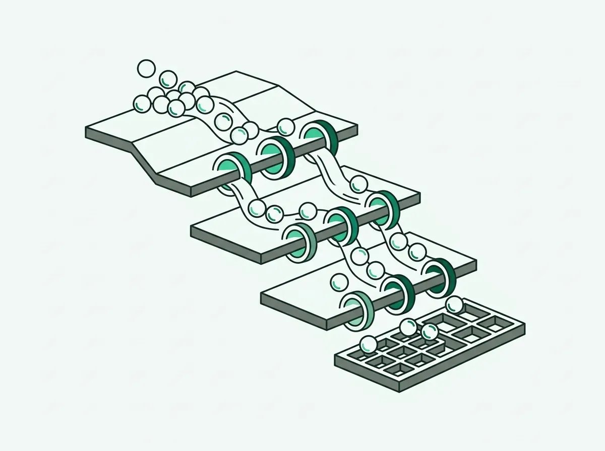 Minimal line-art diagram of a multi-tiered cascading waterfall enrichment flow.