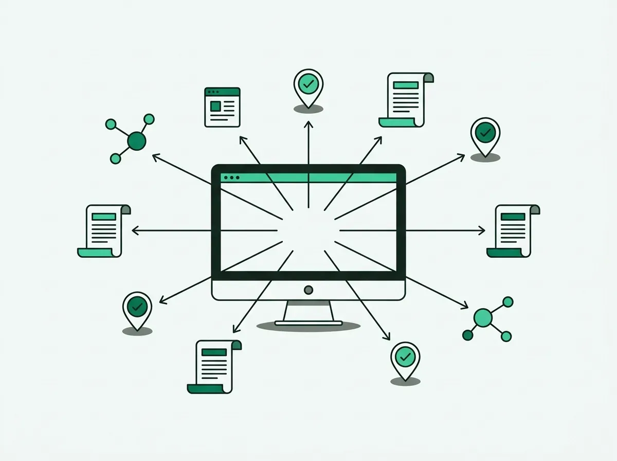 Line art illustration of a desktop monitor connecting directly to live web data nodes.