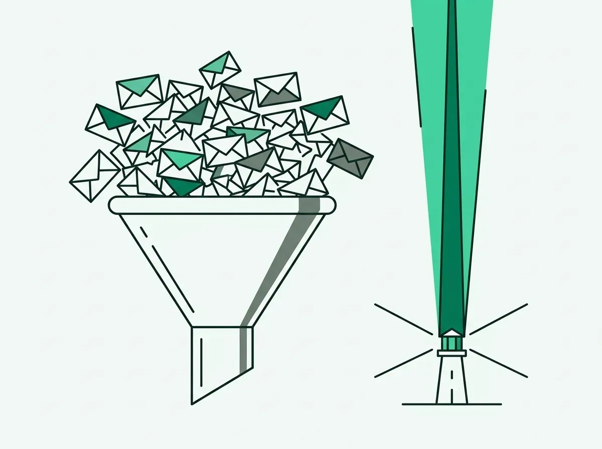 Minimal line art showing an overloaded funnel of message envelopes alongside a single focused beacon beam.