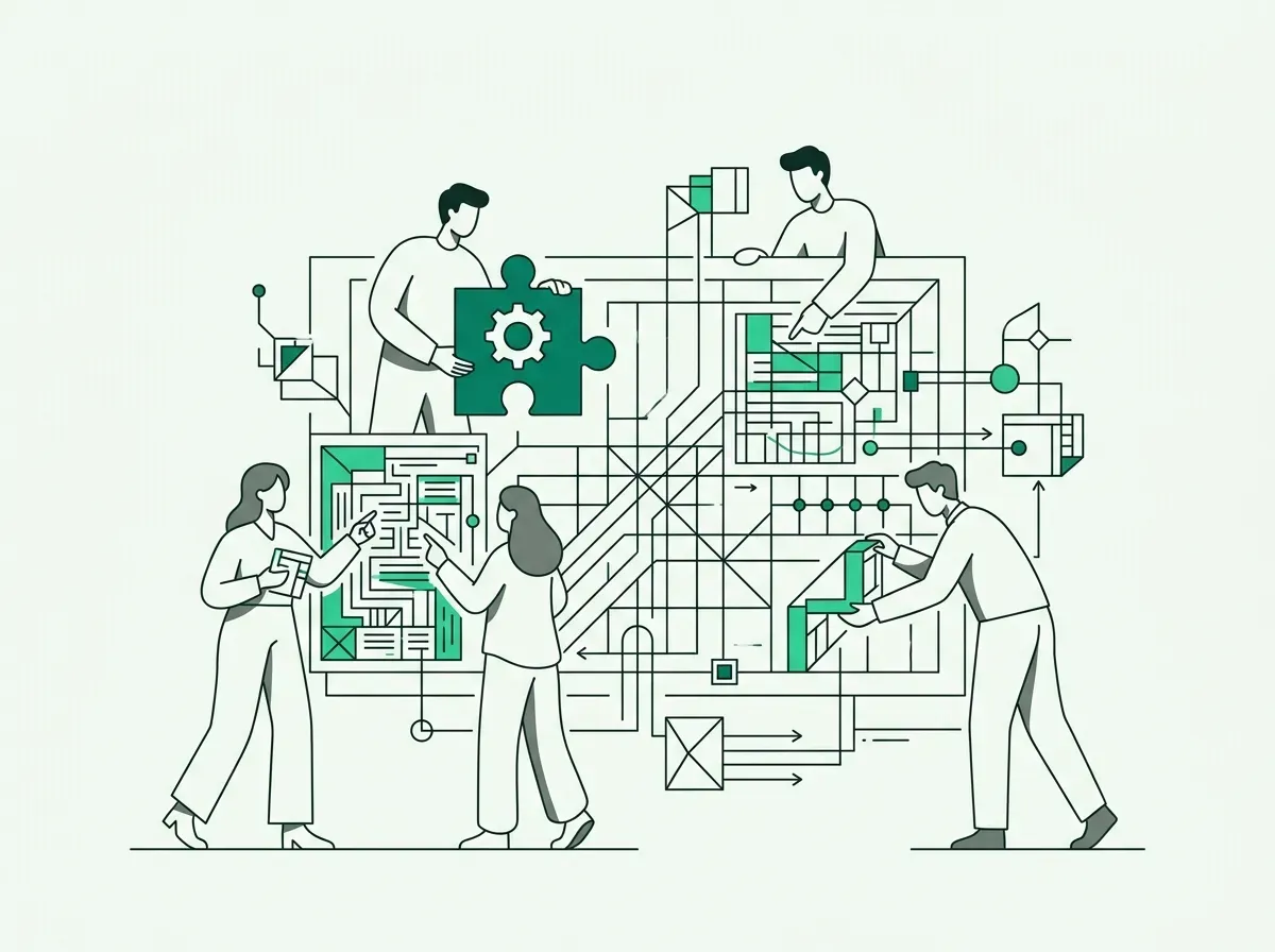 Minimalist line illustration of abstract figures examining interconnected puzzle pieces on a blueprint.
