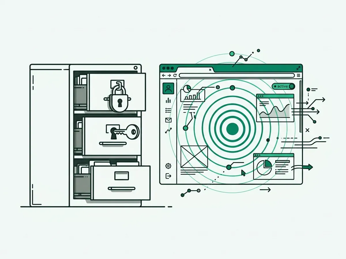Line art contrasting a rigid static filing cabinet with an open browser window radiating signal waves.