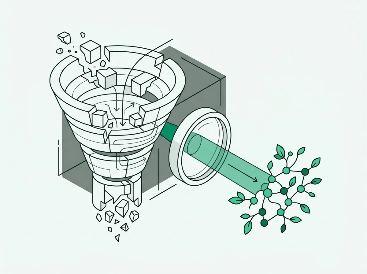 Minimal line art showing a funnel filtering data nodes with precision optics.