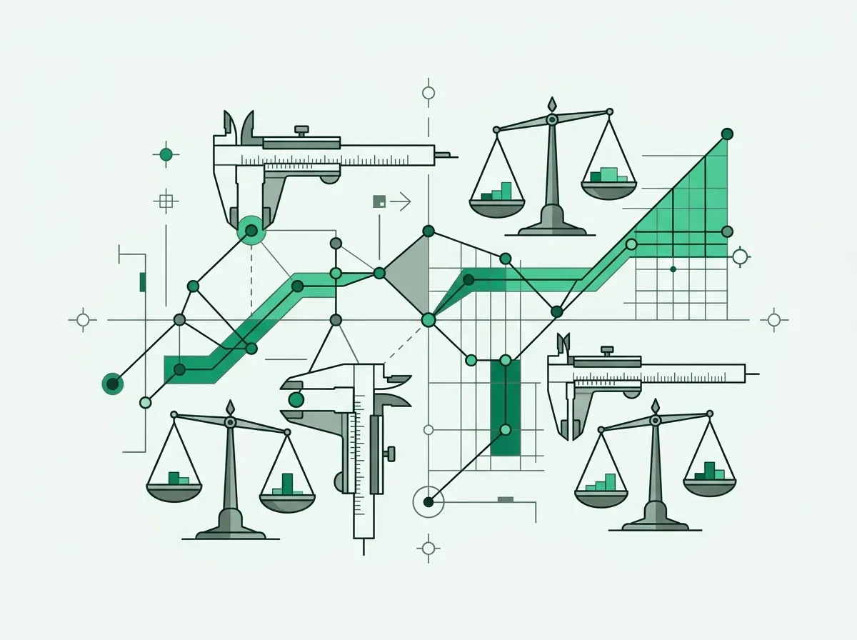 Line art of four technical measurement calipers evaluating interconnected data nodes.