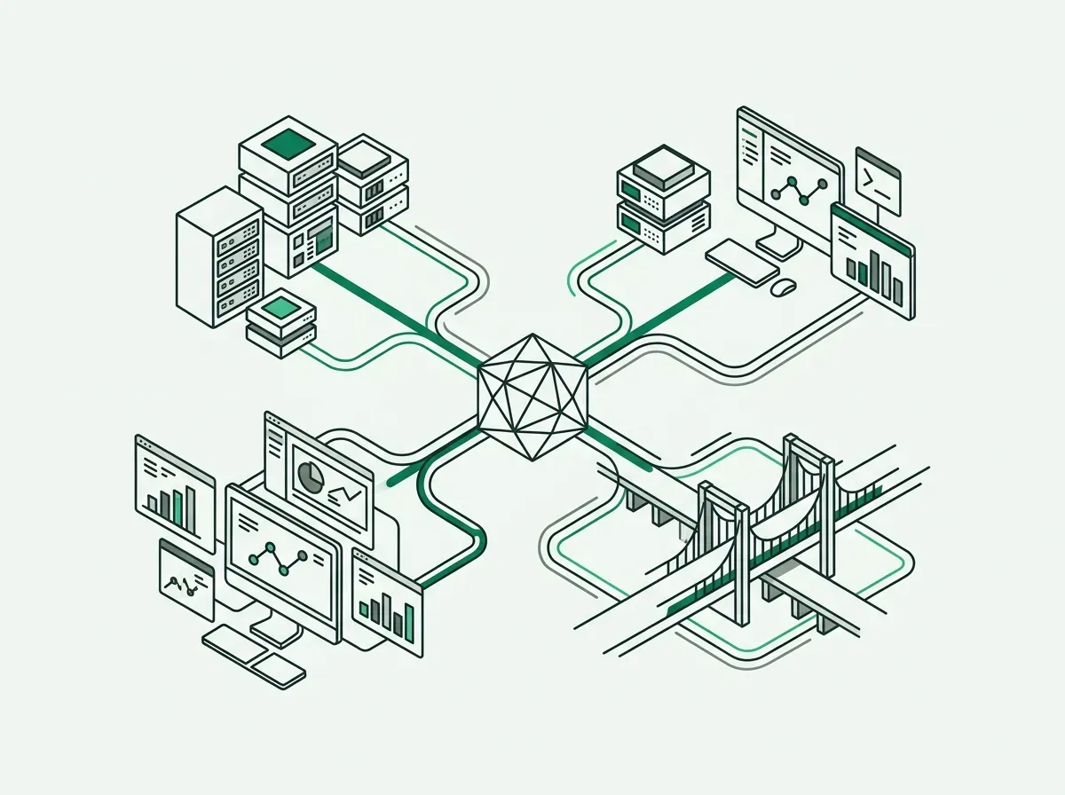 Minimal line-art schematic showing branching architectural data pathways.