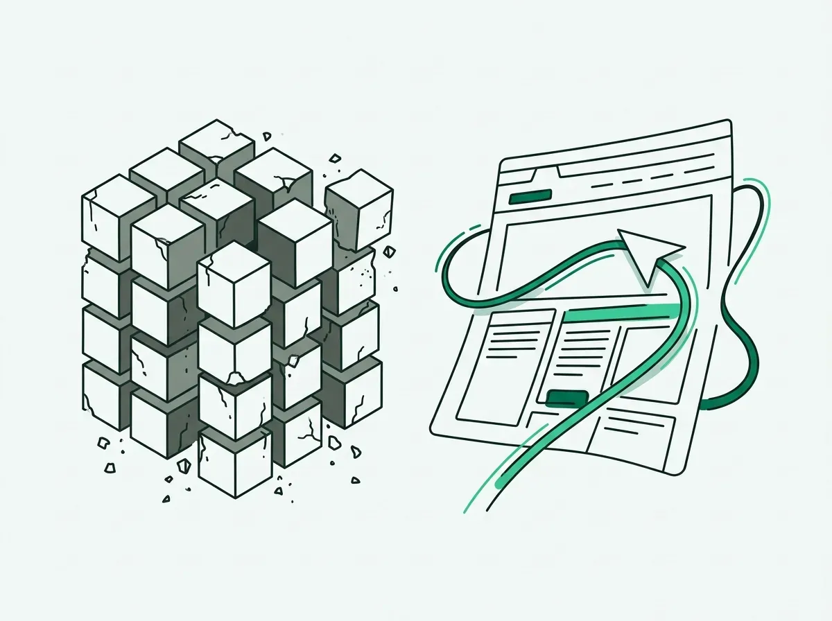 Minimalist line art contrasting rigid static database blocks with an agile browser navigation path.