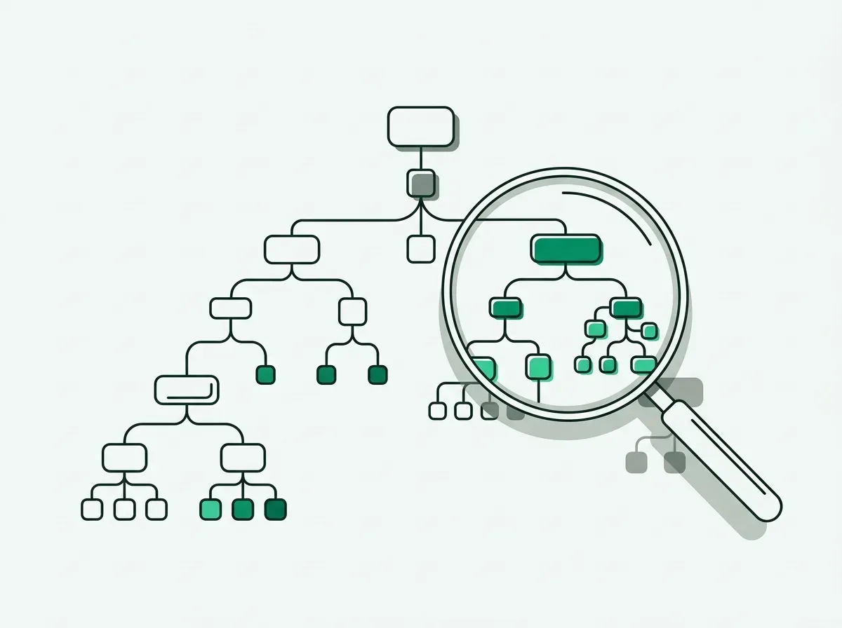 Line art showing an organizational tree with a magnifying glass focusing on an expanding team branch.