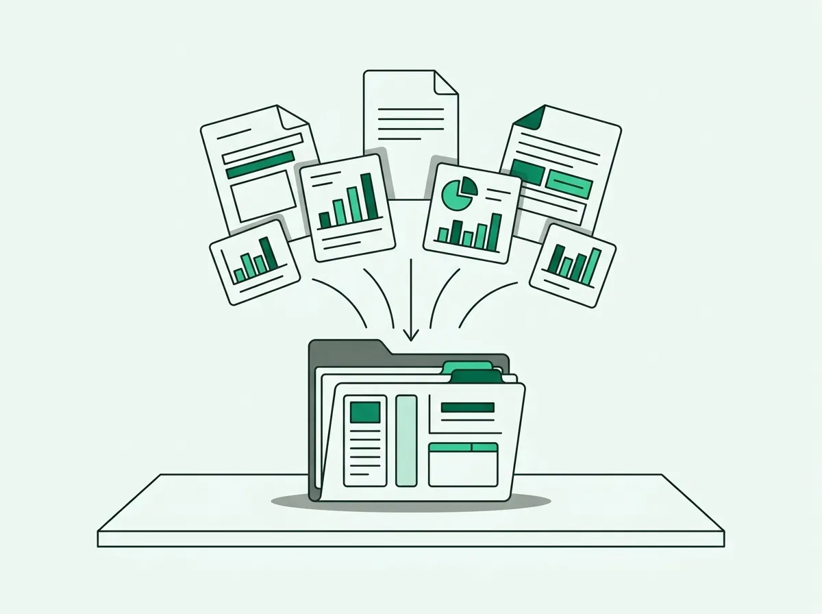 Minimalist line art of multiple data sheets condensing into a structured briefing folder.