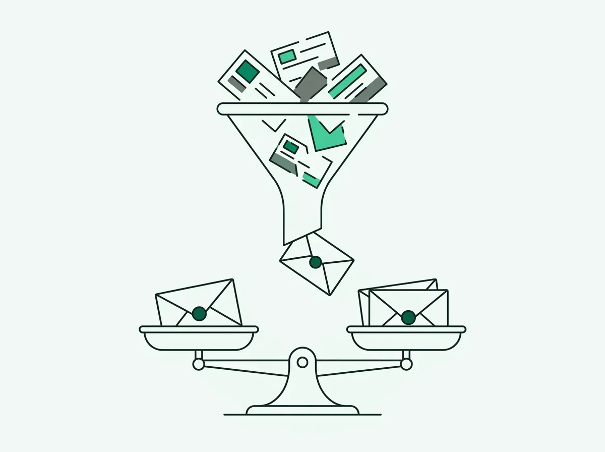 Minimal line art illustration of a data funnel filtering fragmented contact cards into verified envelopes.