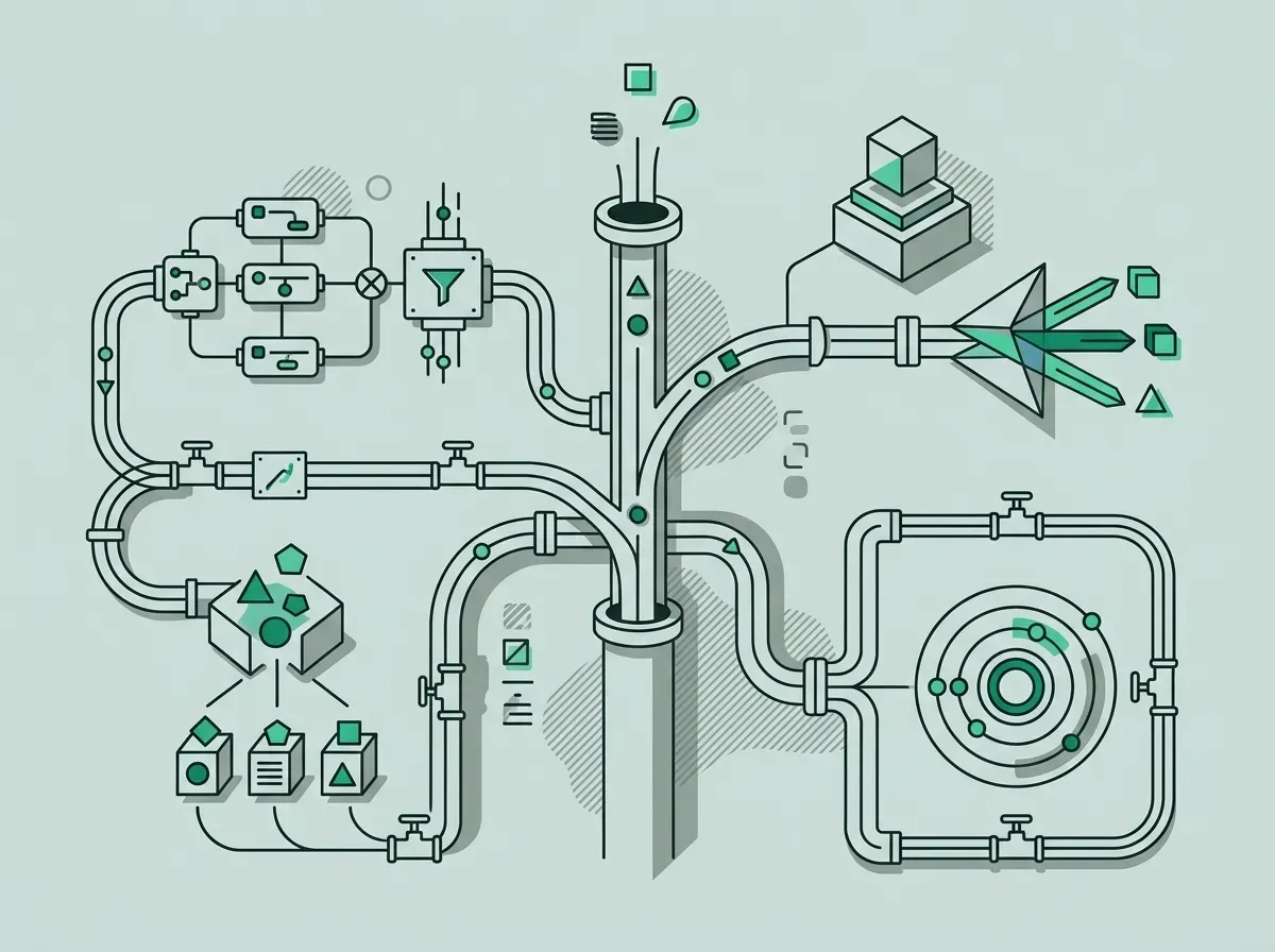 Minimal line art of branching data pipelines routing through multi-tiered verification nodes.