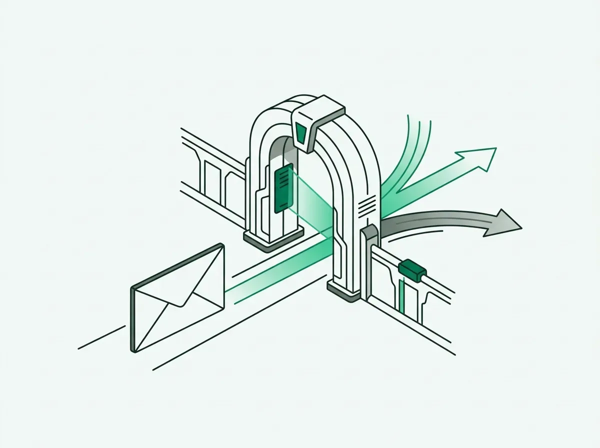 Minimal line art showing an envelope passing through a verification gateway shield.