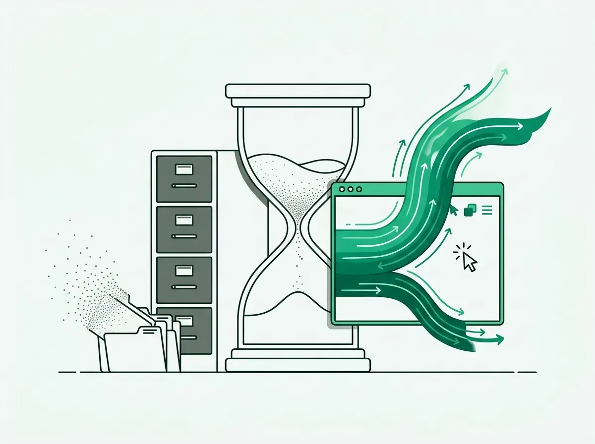 Minimal line illustration depicting static data decay beside dynamic real-time web discovery streams.
