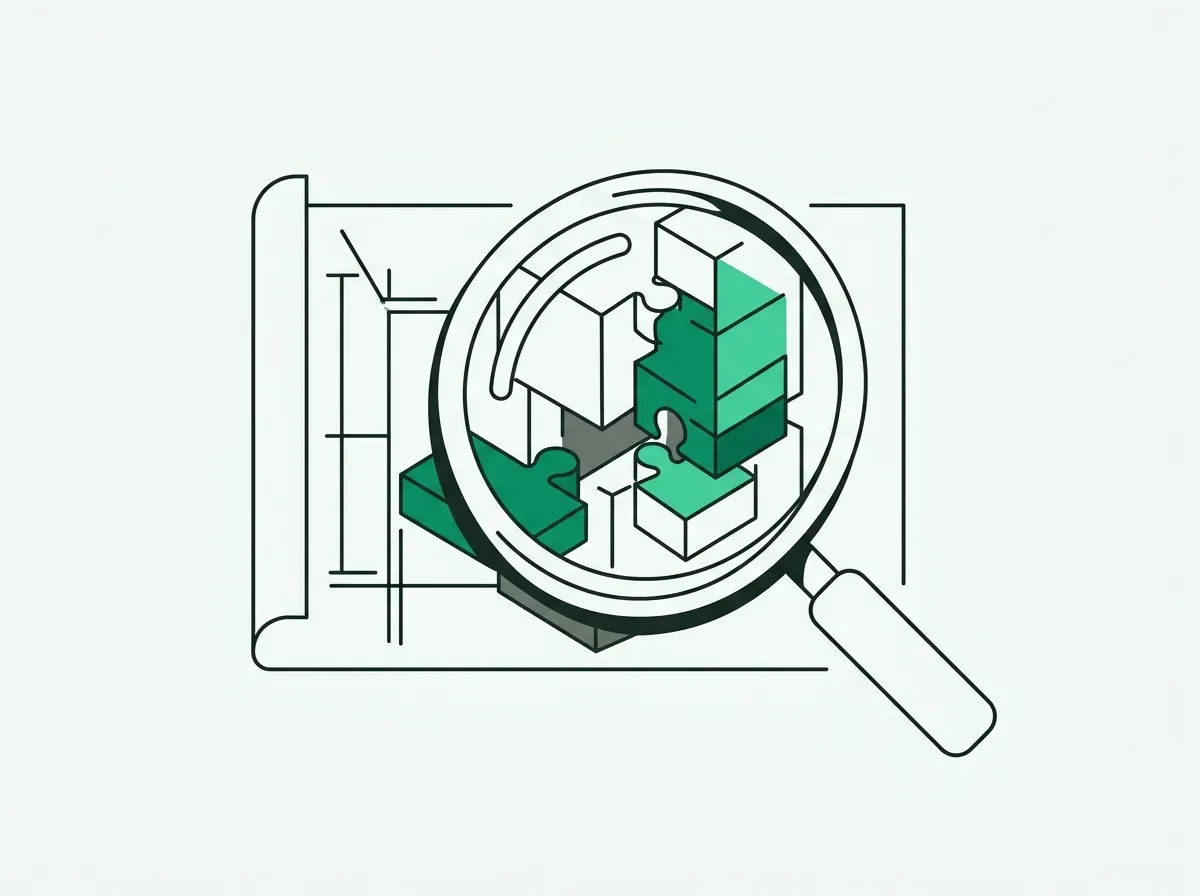 Line art showing a magnifying glass focusing on interlocking modular tech infrastructure pieces on a document.
