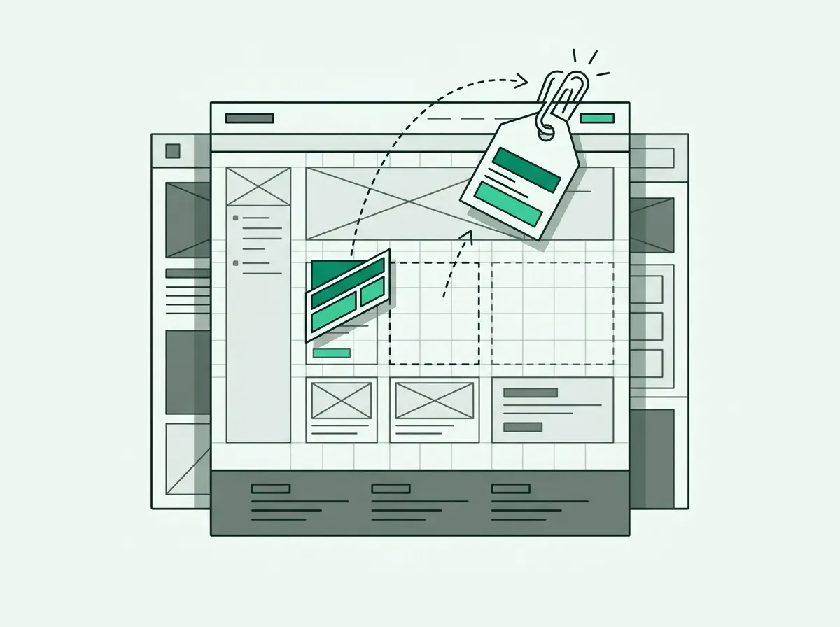 Minimal line illustration of a website wireframe with a modular tag component being detached.