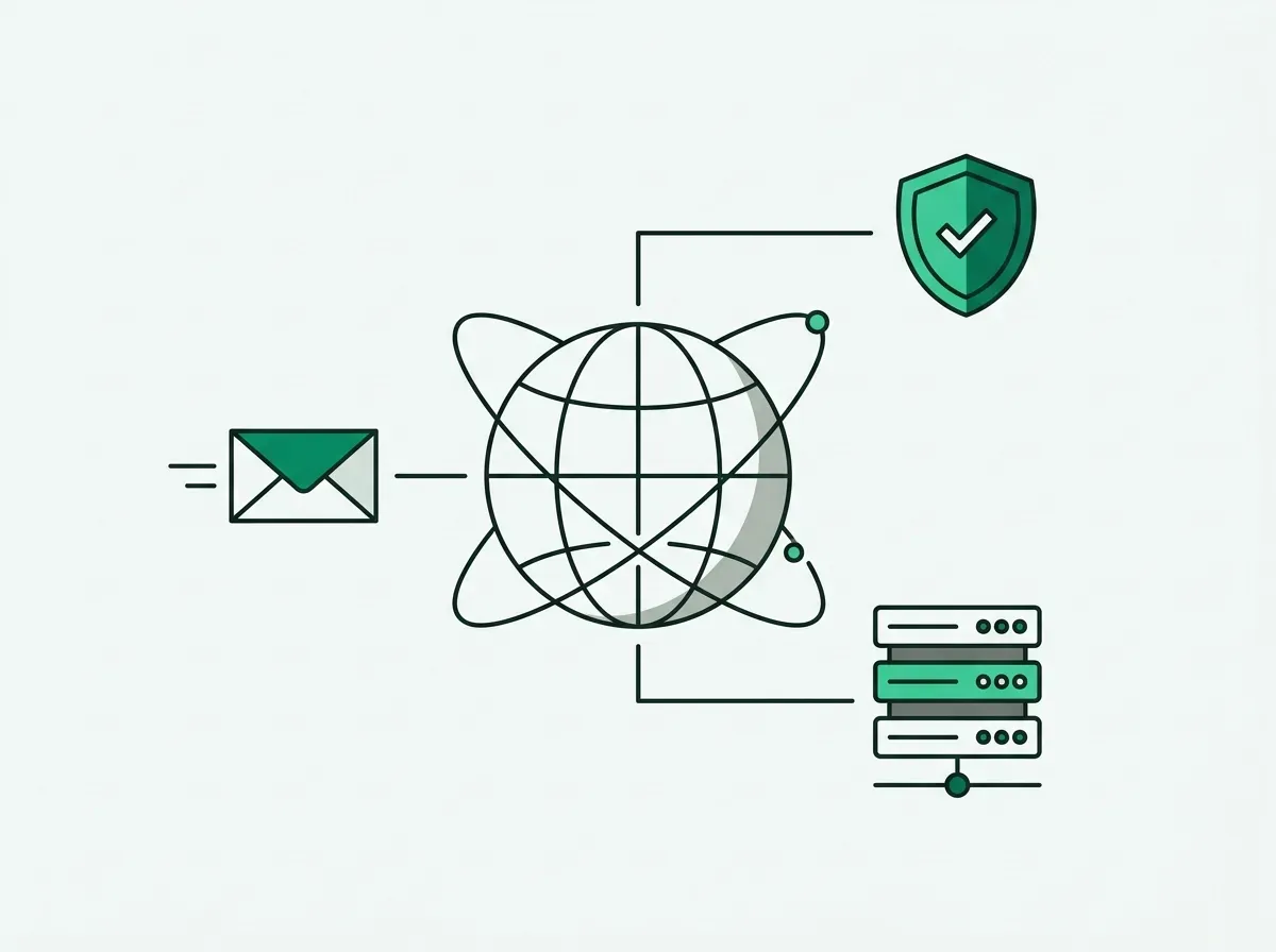 Line art of a network globe routing connections to server racks, security shields, and mail nodes.