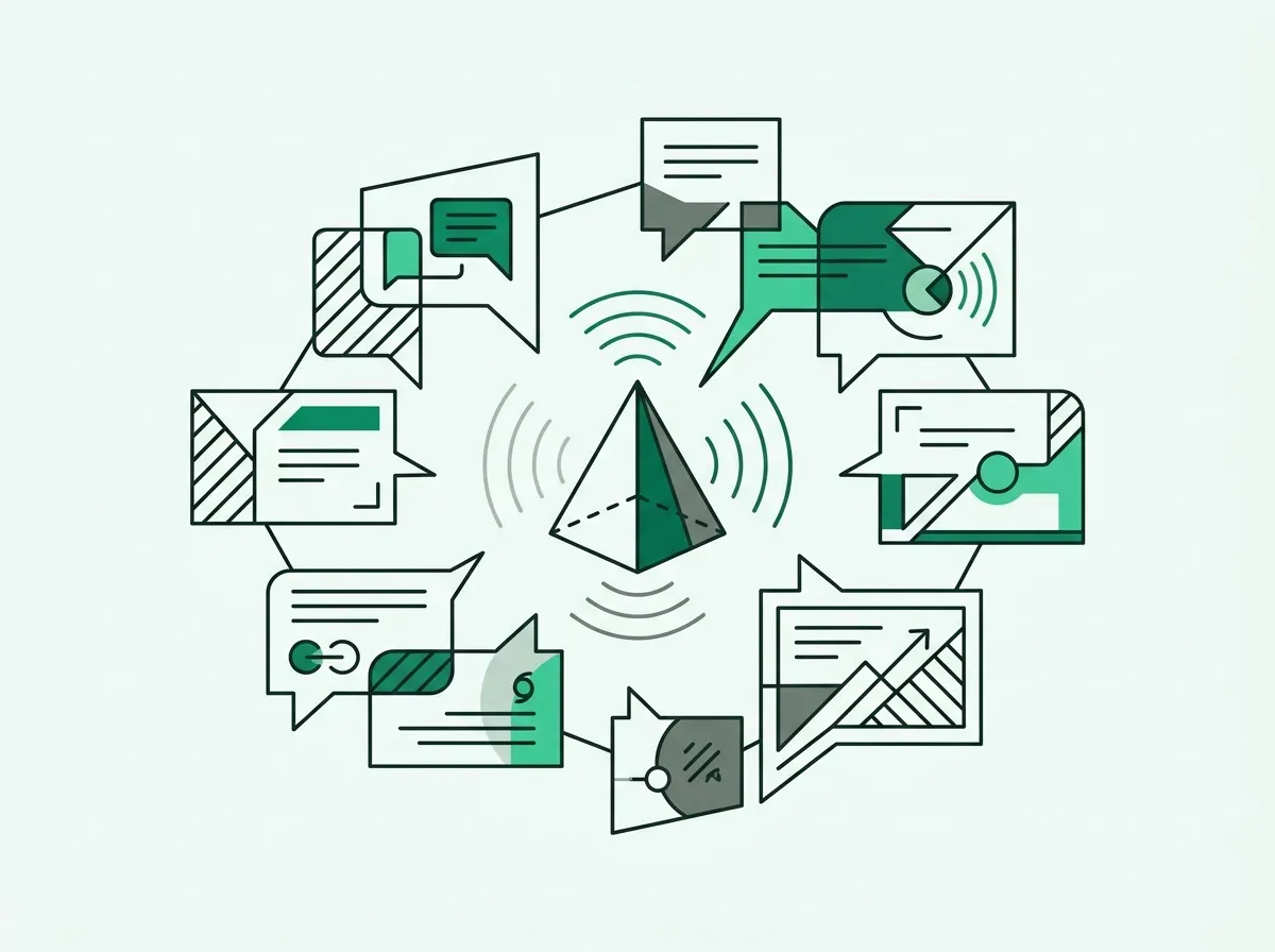 Minimal line art showing connected geometric speech bubbles around a central focal point.