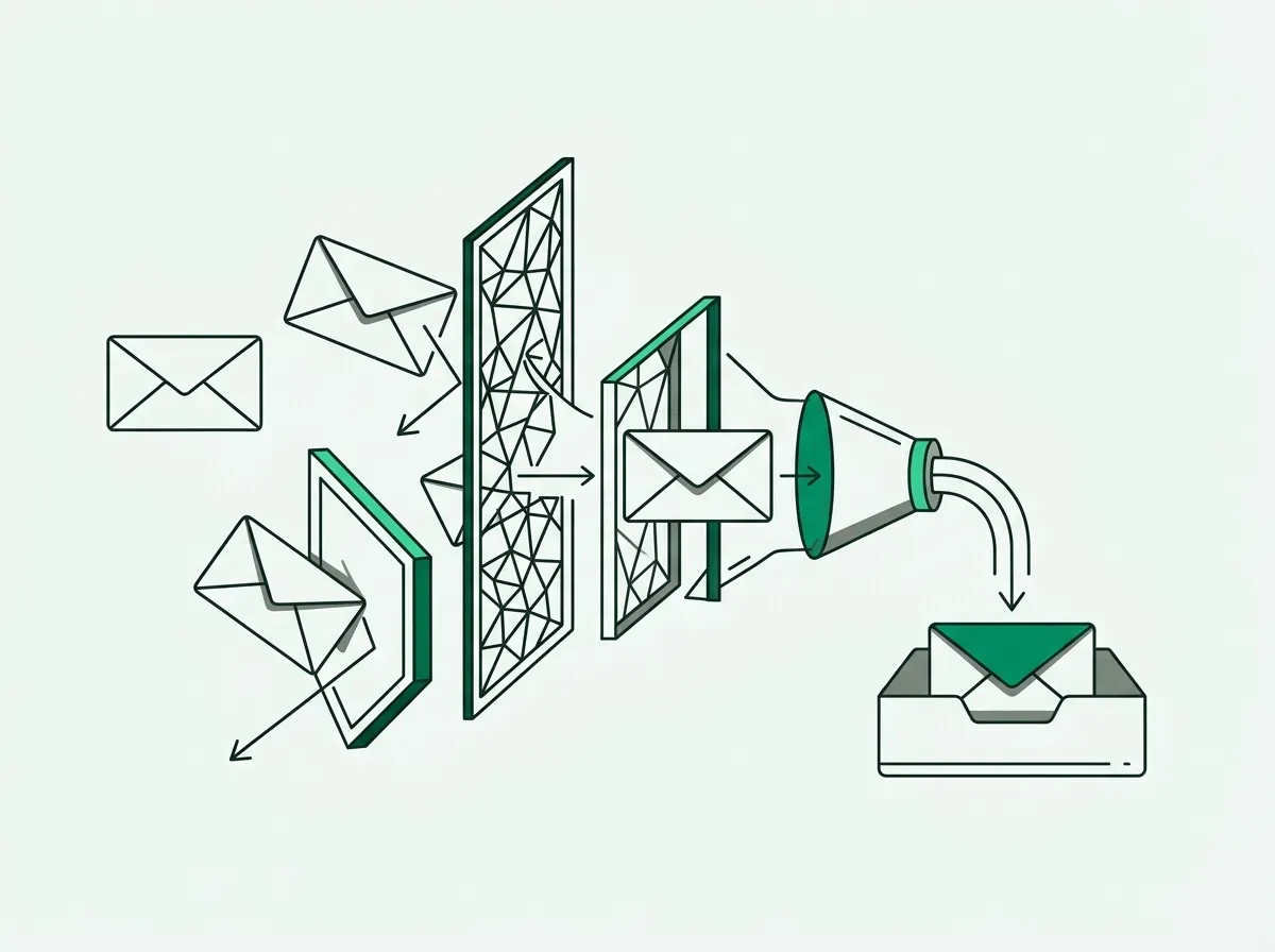 Minimal line-art illustration of envelopes passing through verification filters and security barriers.
