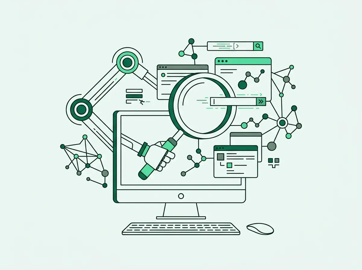 Line art of a desktop computer scanning interconnected web nodes and data layers.
