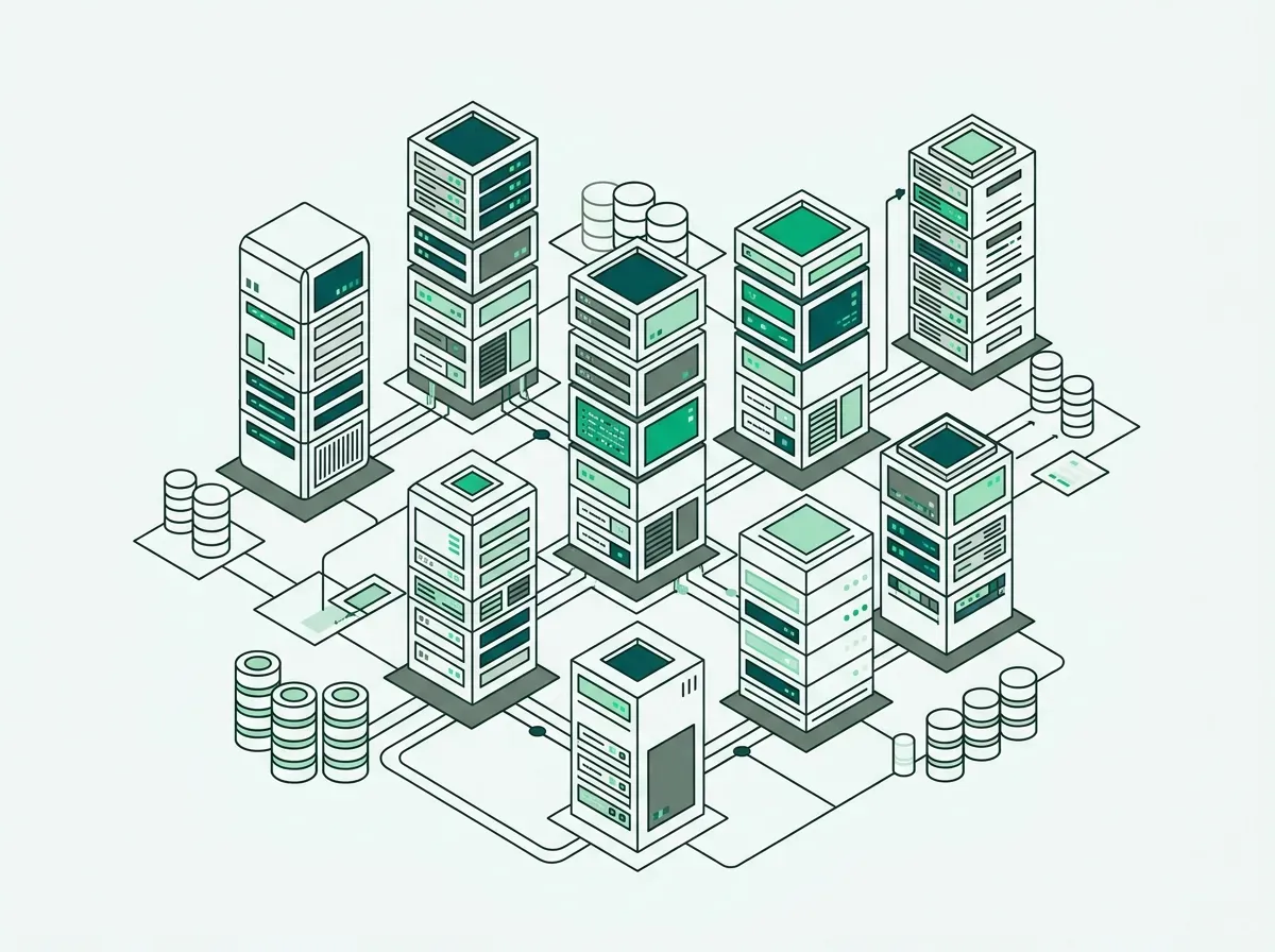 Isometric line-art illustration of modular database server towers and connected data storage nodes.