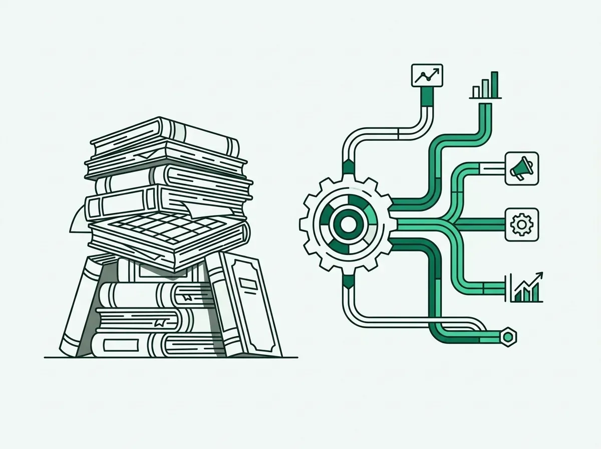 Minimalist line art comparing an automated mechanical workflow with a stack of manual ledgers.