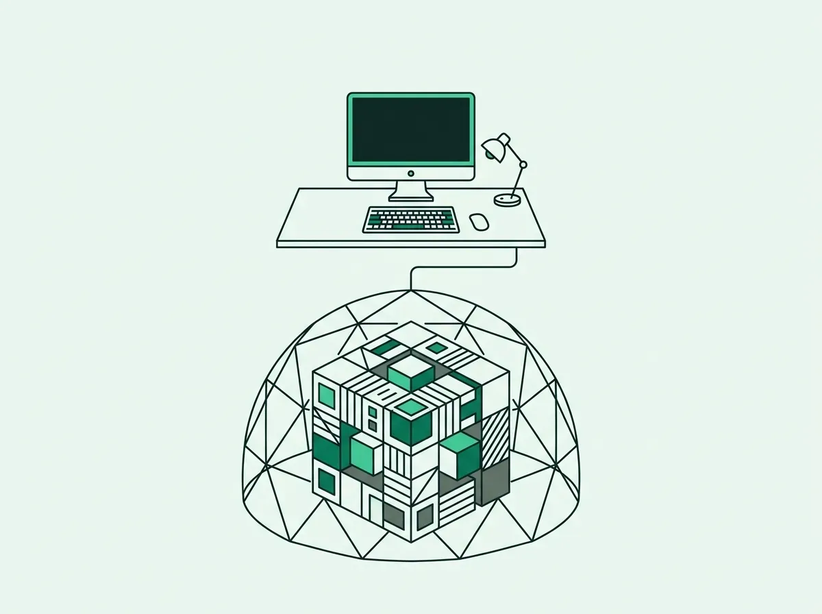Line-art diagram showing a local workstation securely processing data within a protective dome.