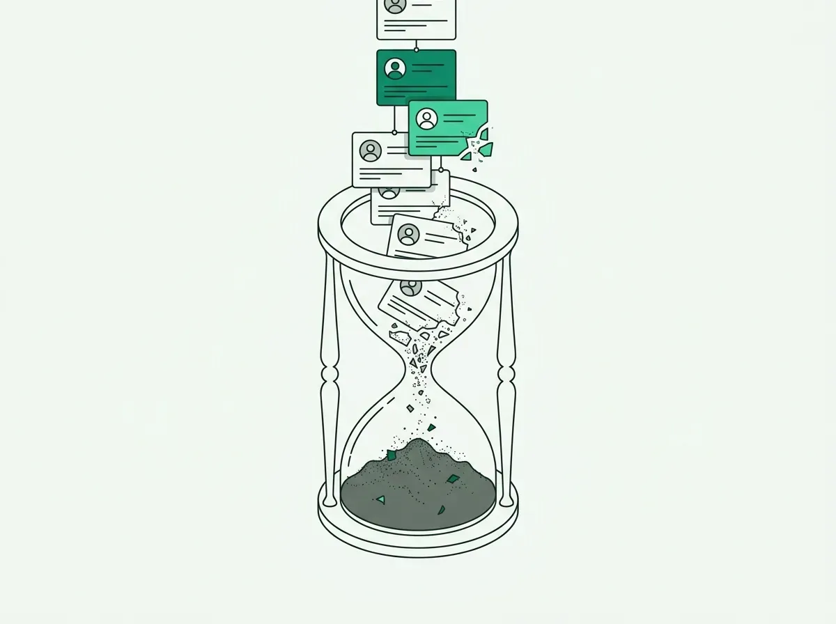 Line art illustration of contact profile cards decaying into dust inside an hourglass.