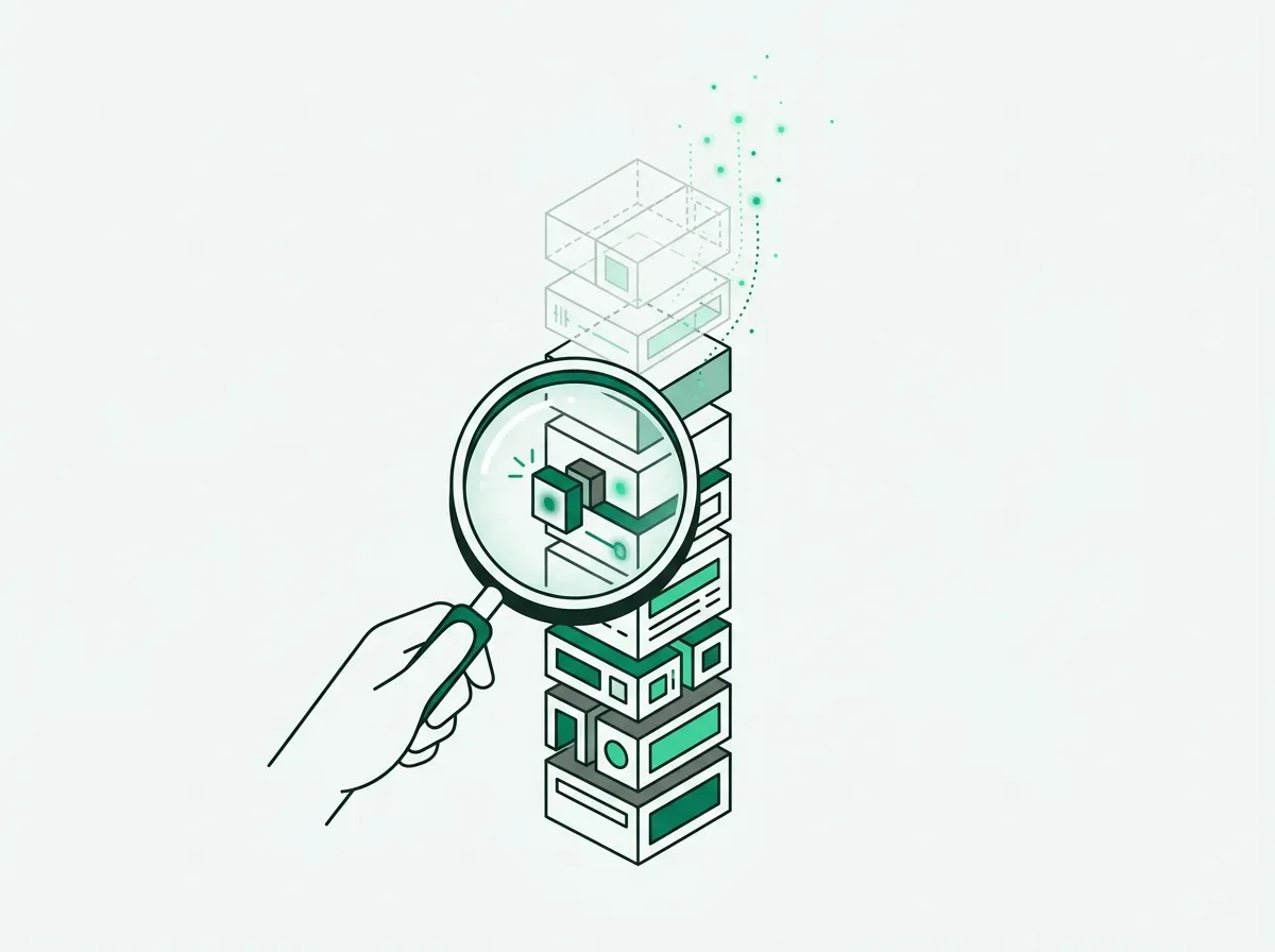 Minimalist line illustration of modular tech stack blocks dissolving into wireframe outlines.
