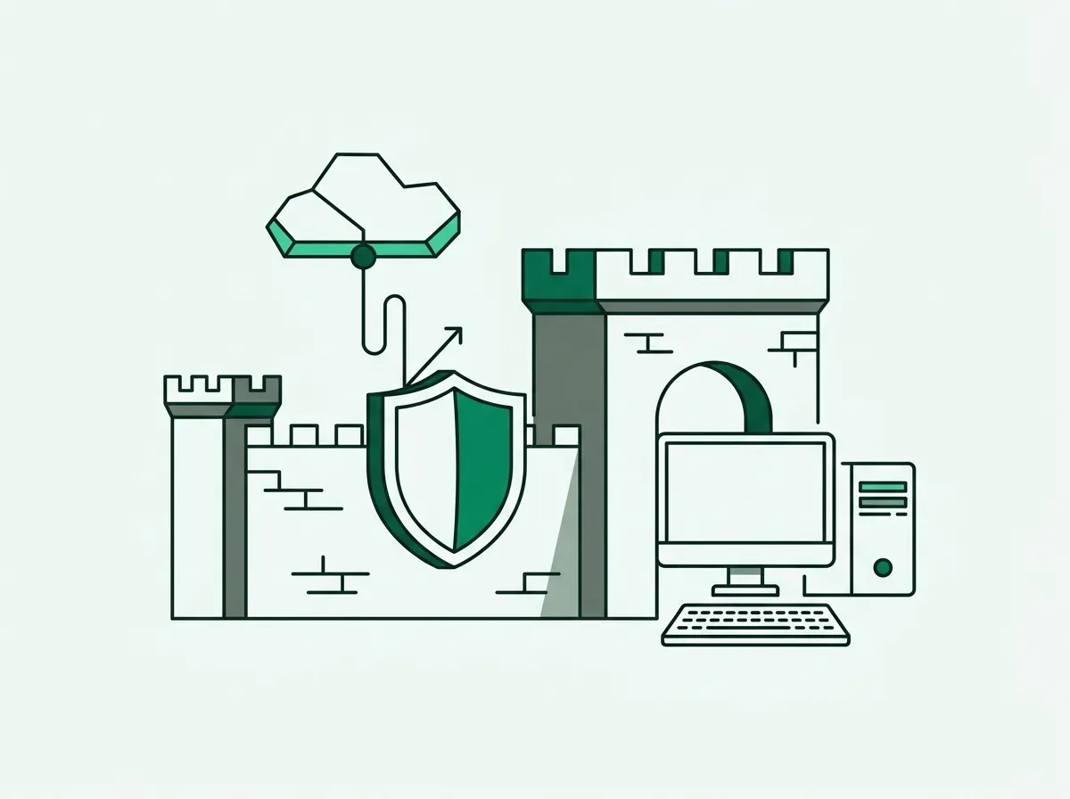 Line art showing a cloud scraper blocked by a firewall while a desktop browser access is granted.