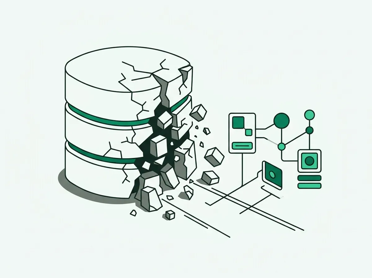 Minimalist line art depicting a fracturing database vault transitioning to interconnected dynamic nodes.
