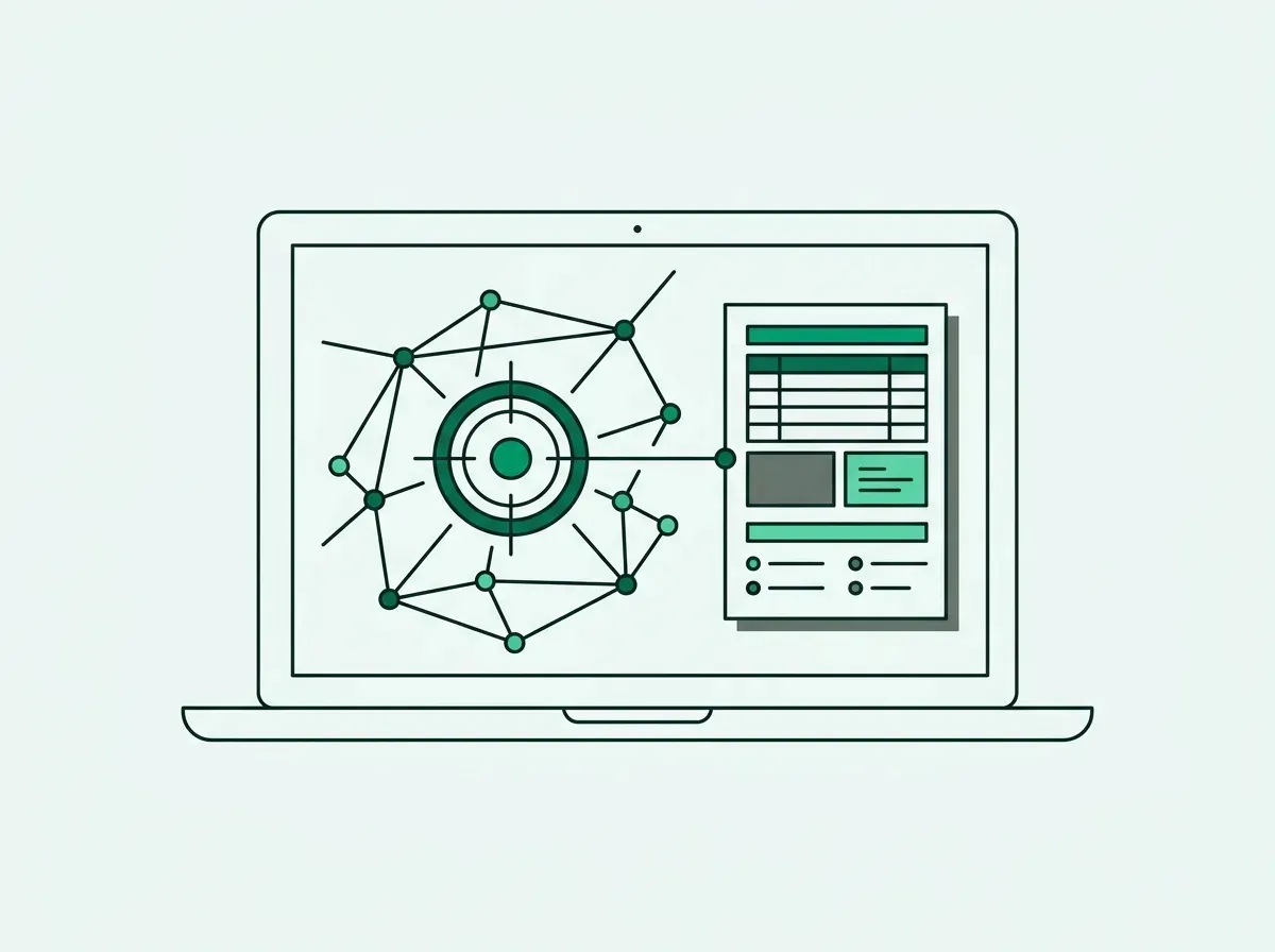 Line art illustration of an autonomous browser agent verifying live data paths directly on a laptop.