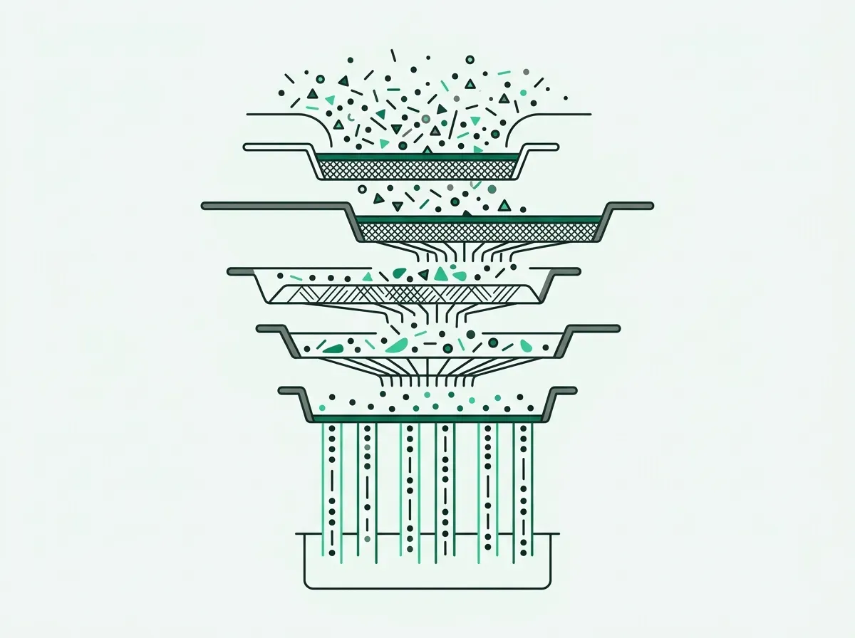 Vector line drawing of a multi-tier waterfall filtering process organizing scattered data streams.