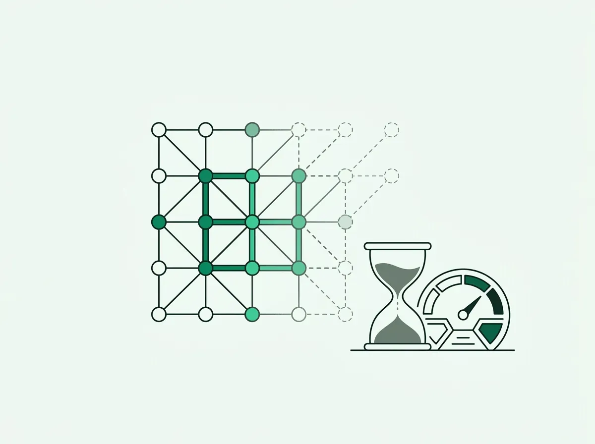 Minimal line art showing a fading network of nodes next to an hourglass and gauge.