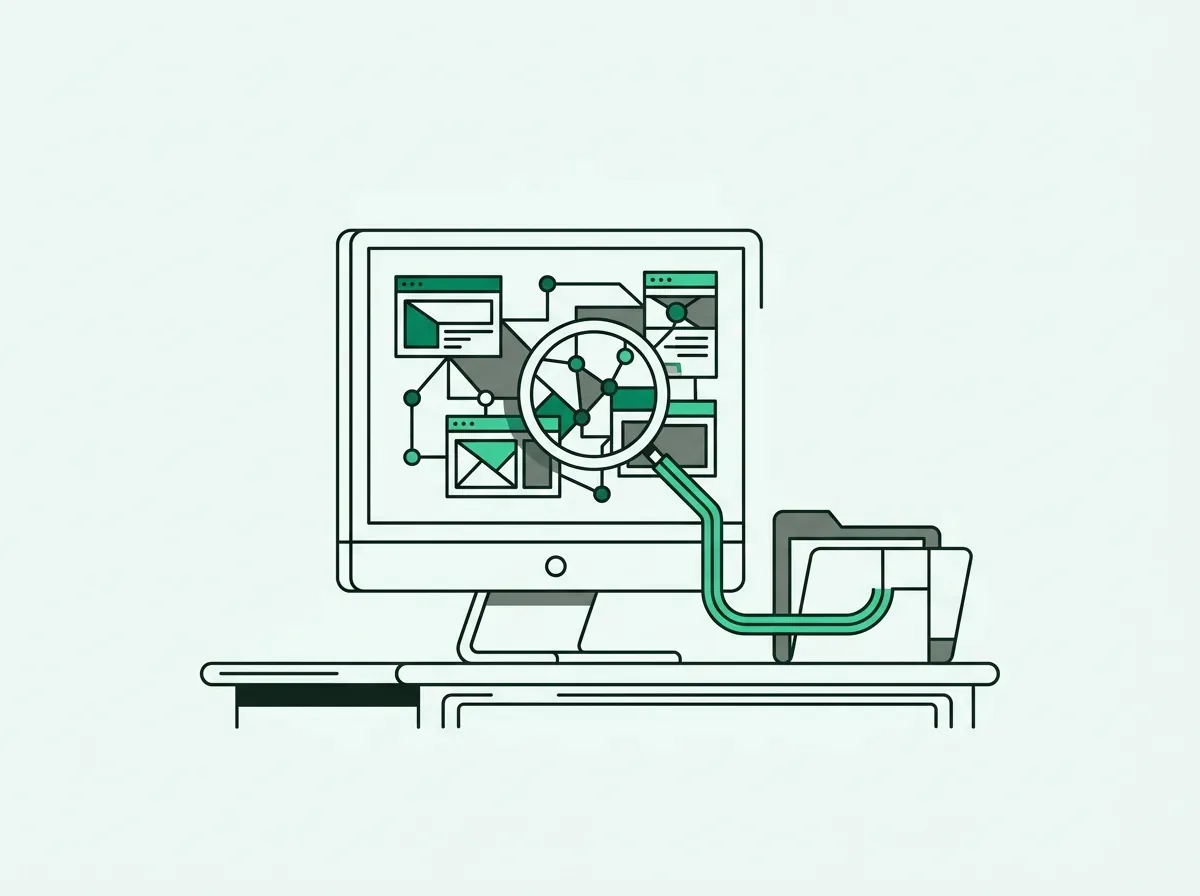 Line illustration of a desktop monitor inspecting interconnected web pages into a local folder.