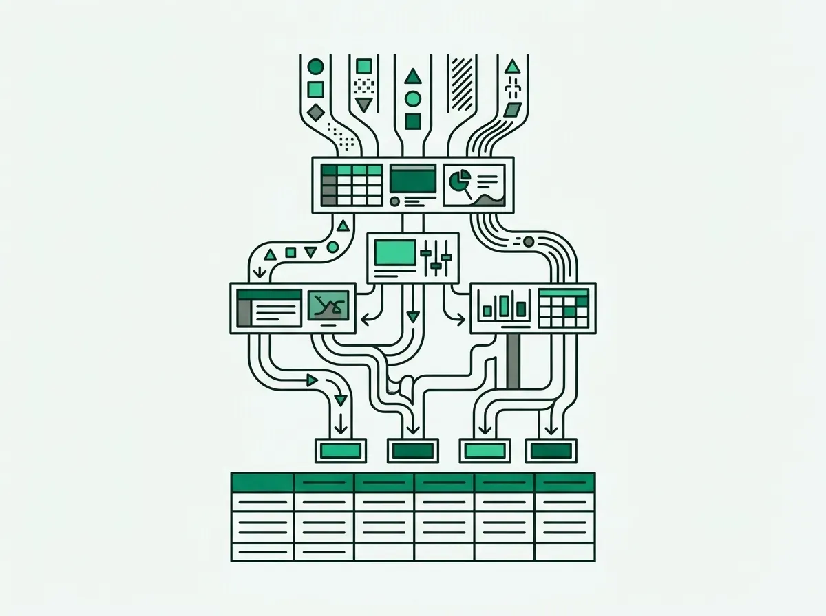 Minimal line drawing of a multi-tiered waterfall flow channeling data into a structured table.