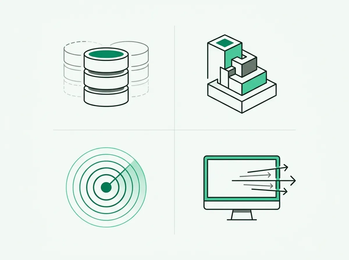 Minimalist line drawing of four distinct technical data architecture models arranged in a clean grid.