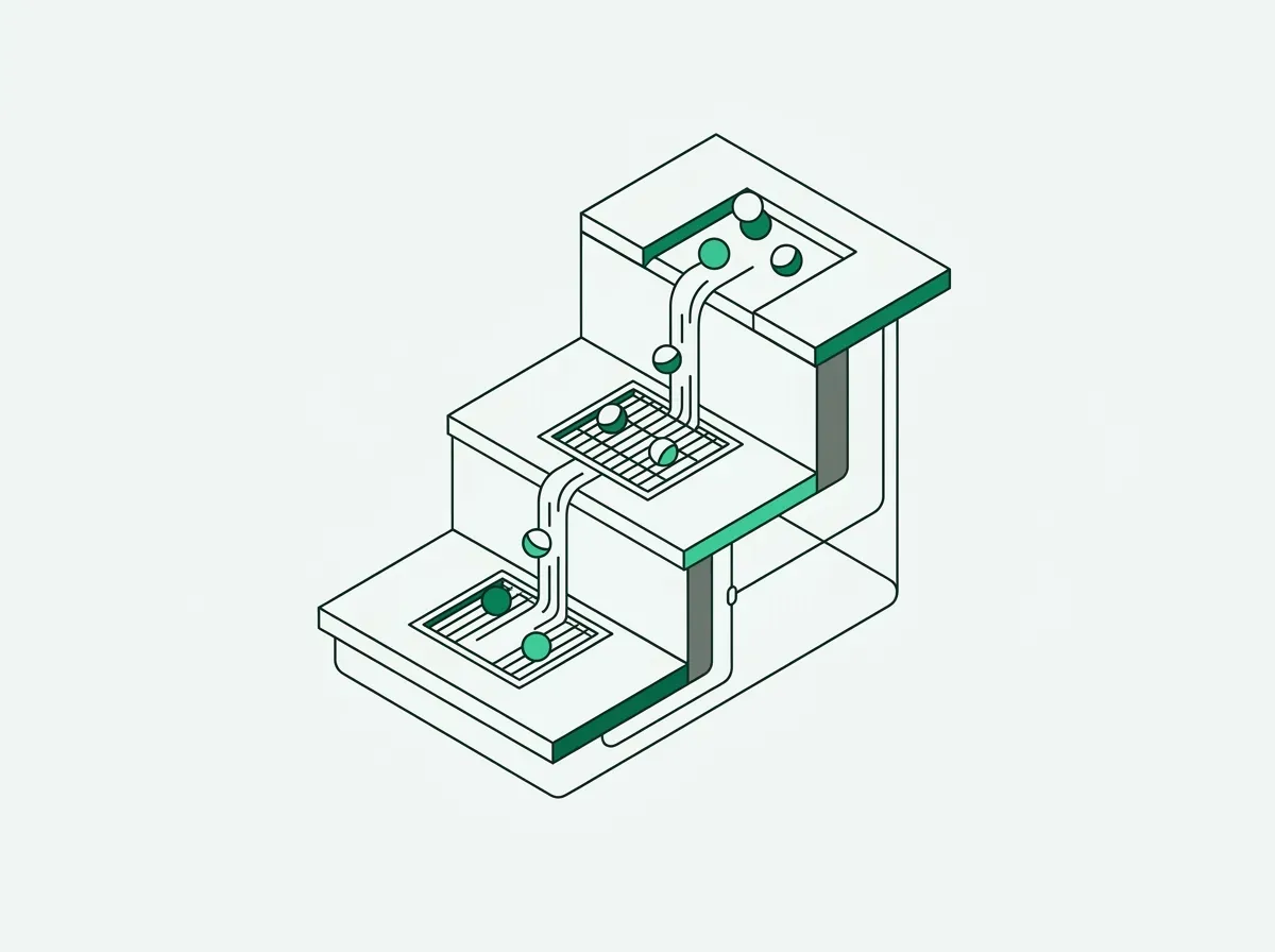 Line art illustration of a multi-tiered cascading data waterfall and filtering funnel system.
