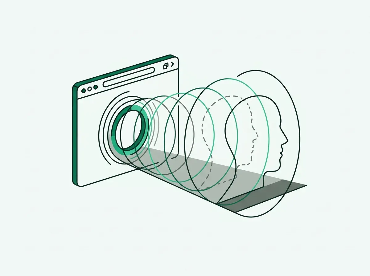 Minimal line art showing a digital scanning radar identifying an abstract visitor profile.
