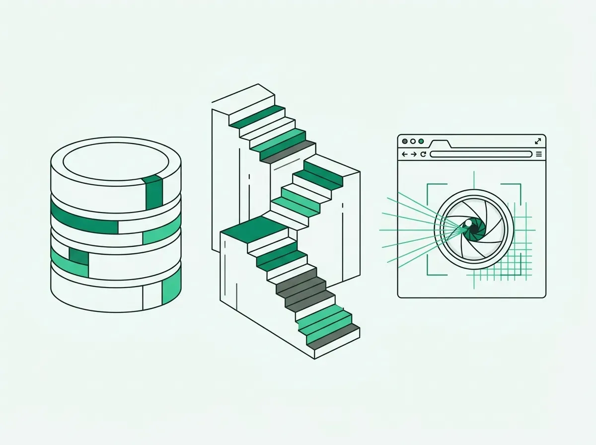Minimalist line illustration comparing a data silo, a tiered cascade funnel, and a live scanning window.