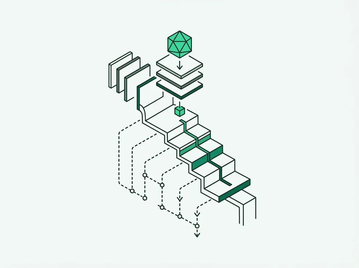 Line-art diagram of a tiered waterfall pipeline filtering records across multiple verification stages.