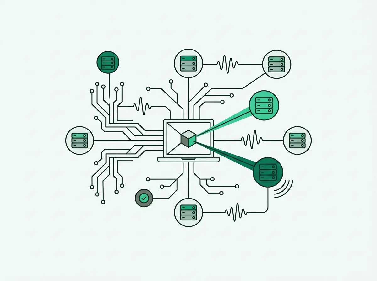 Minimal line illustration of algorithmic node validation and server network signal checks.