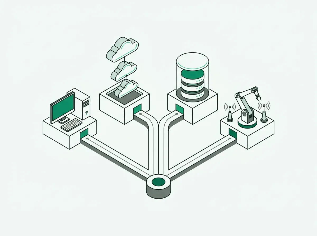 Minimal line-art diagram showing four distinct technical architecture pathways branching from a central point.