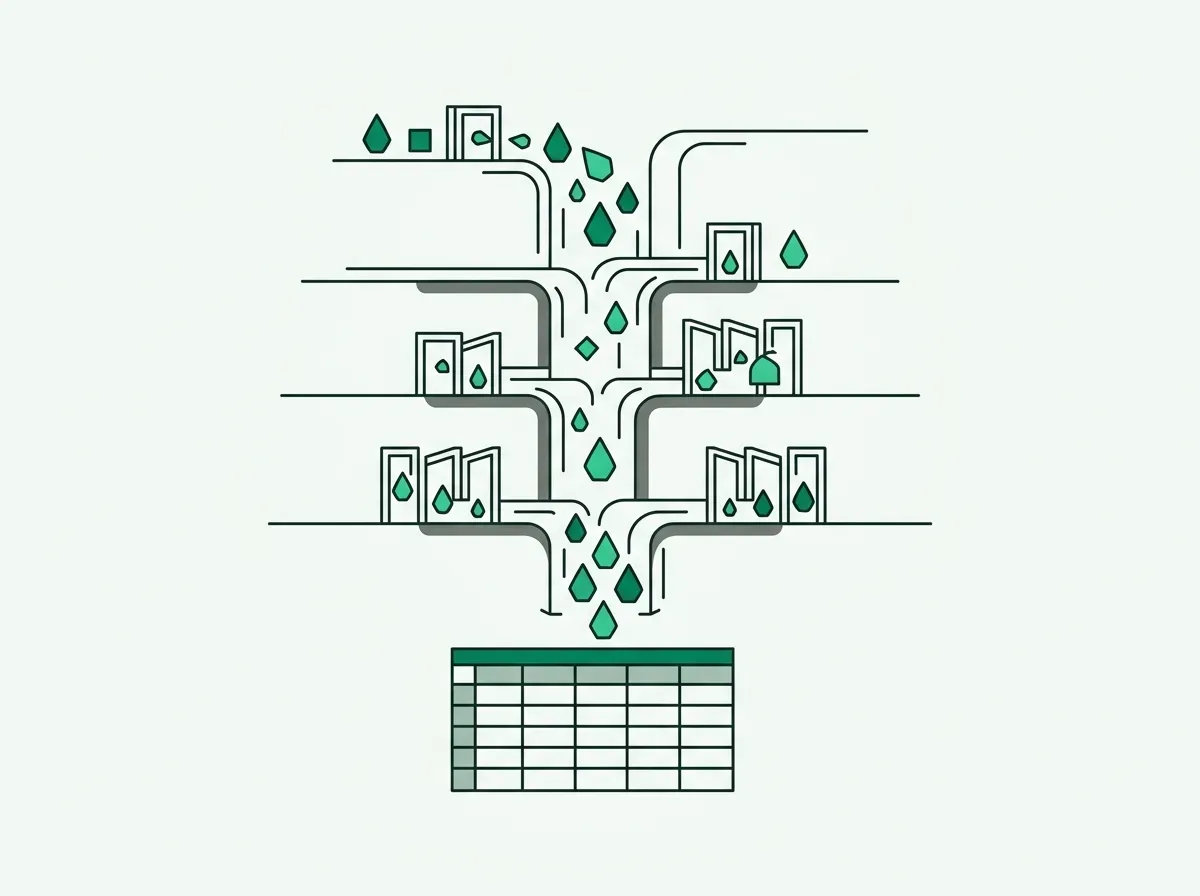 Minimal line-art illustration of a stepped waterfall pipeline filtering data into an organized grid.