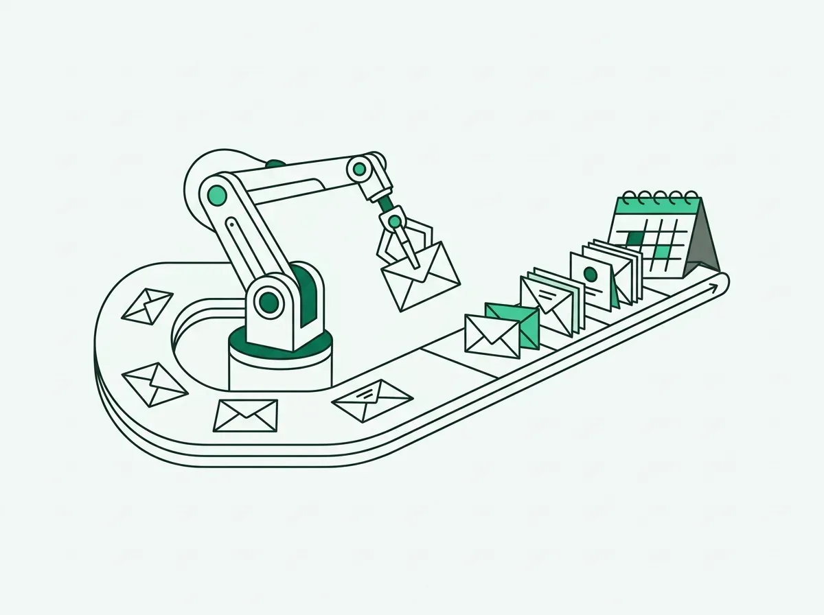 Minimal line drawing of an automated robotic arm dispatching envelopes along a track toward a calendar.