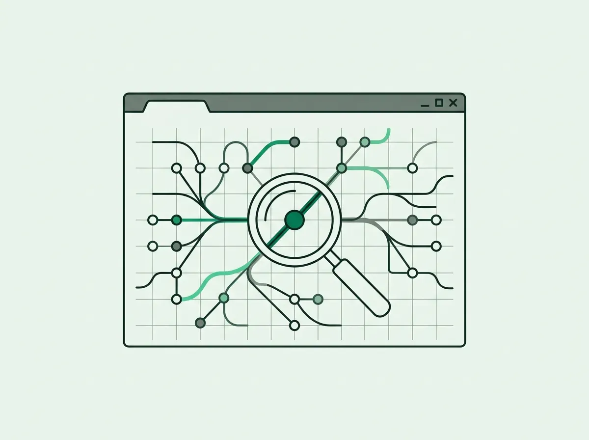 Line art drawing of a desktop interface with a focal lens isolating a specific verified data node.