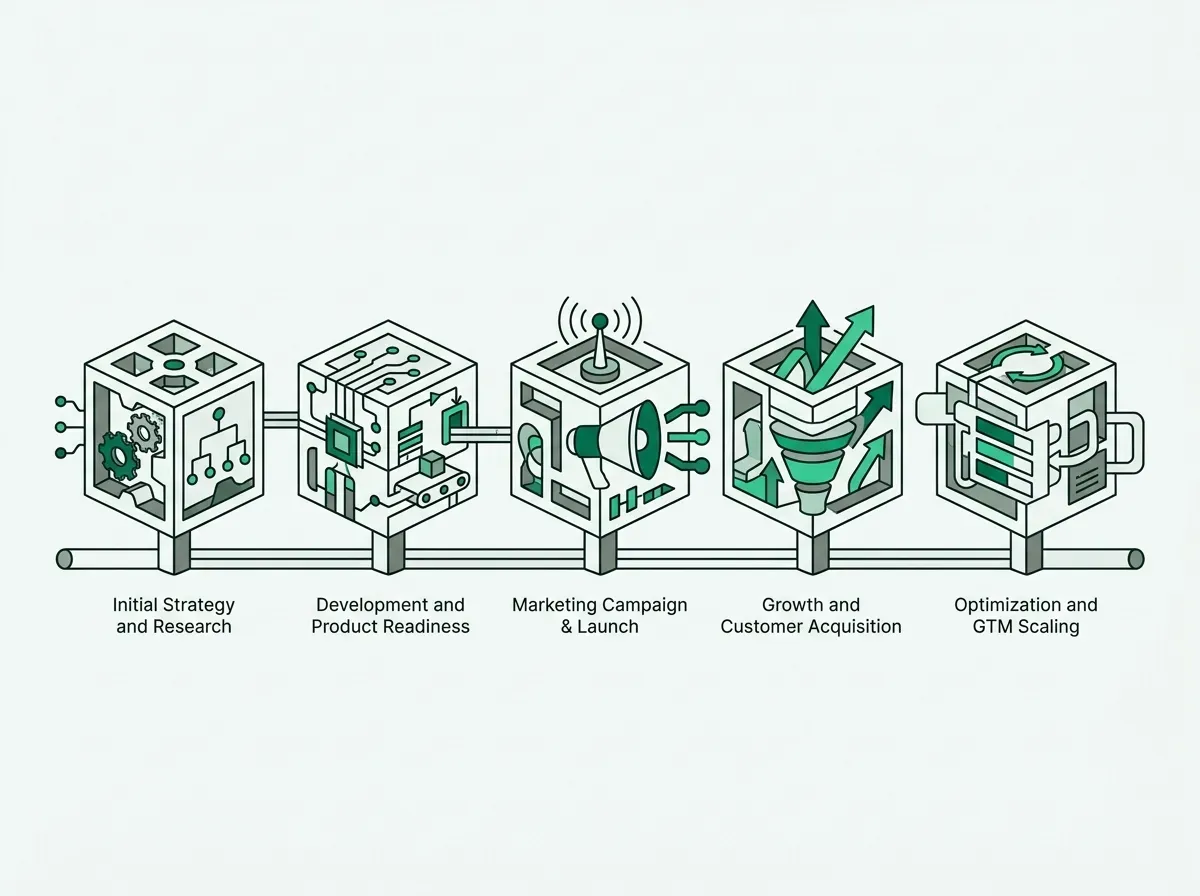 Five minimalist modular blocks connected in a linear sequence representing separate workflow operations.