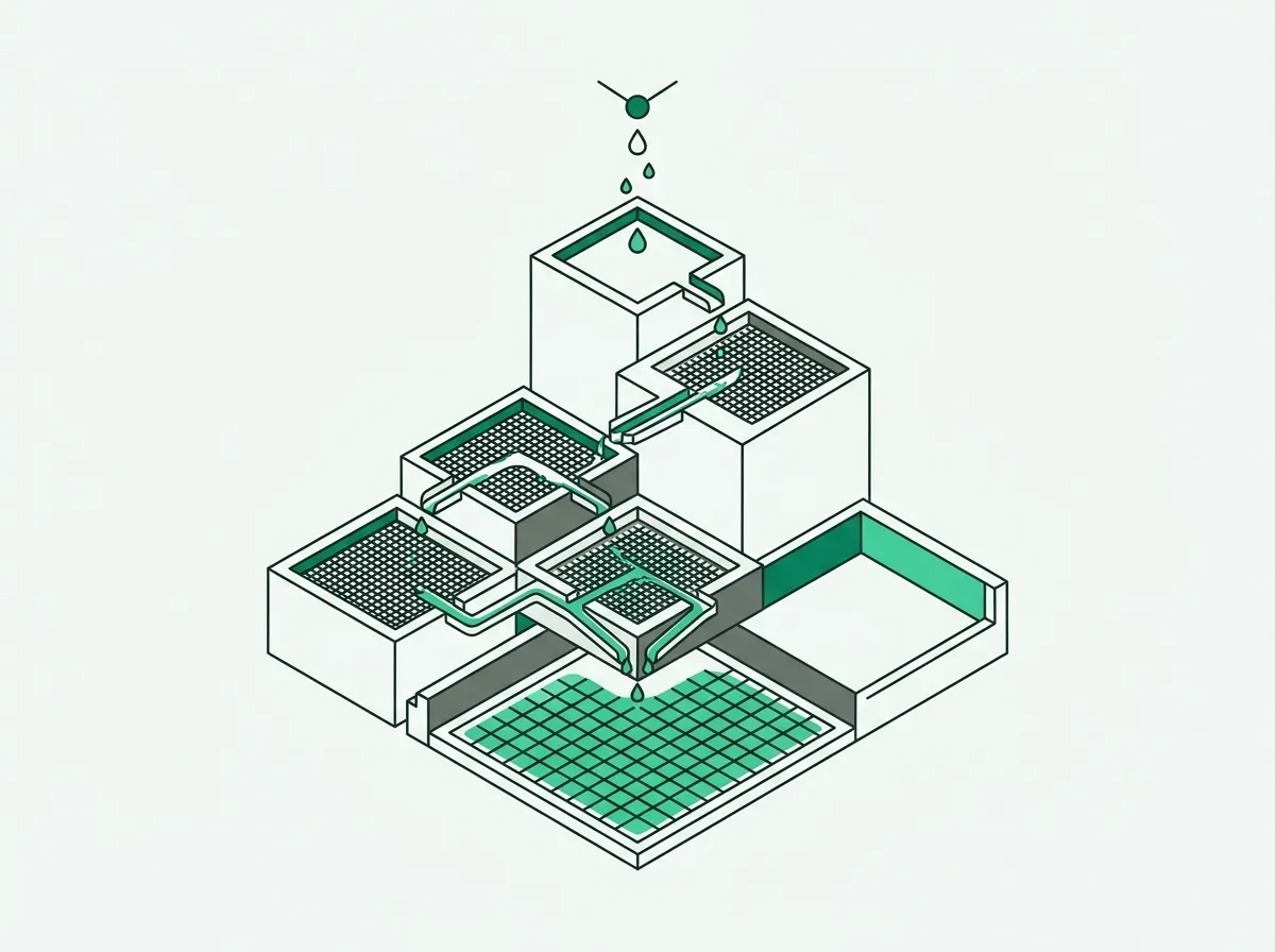 Line art of a multi-tiered cascading tray system filtering and expanding a stream of elements.
