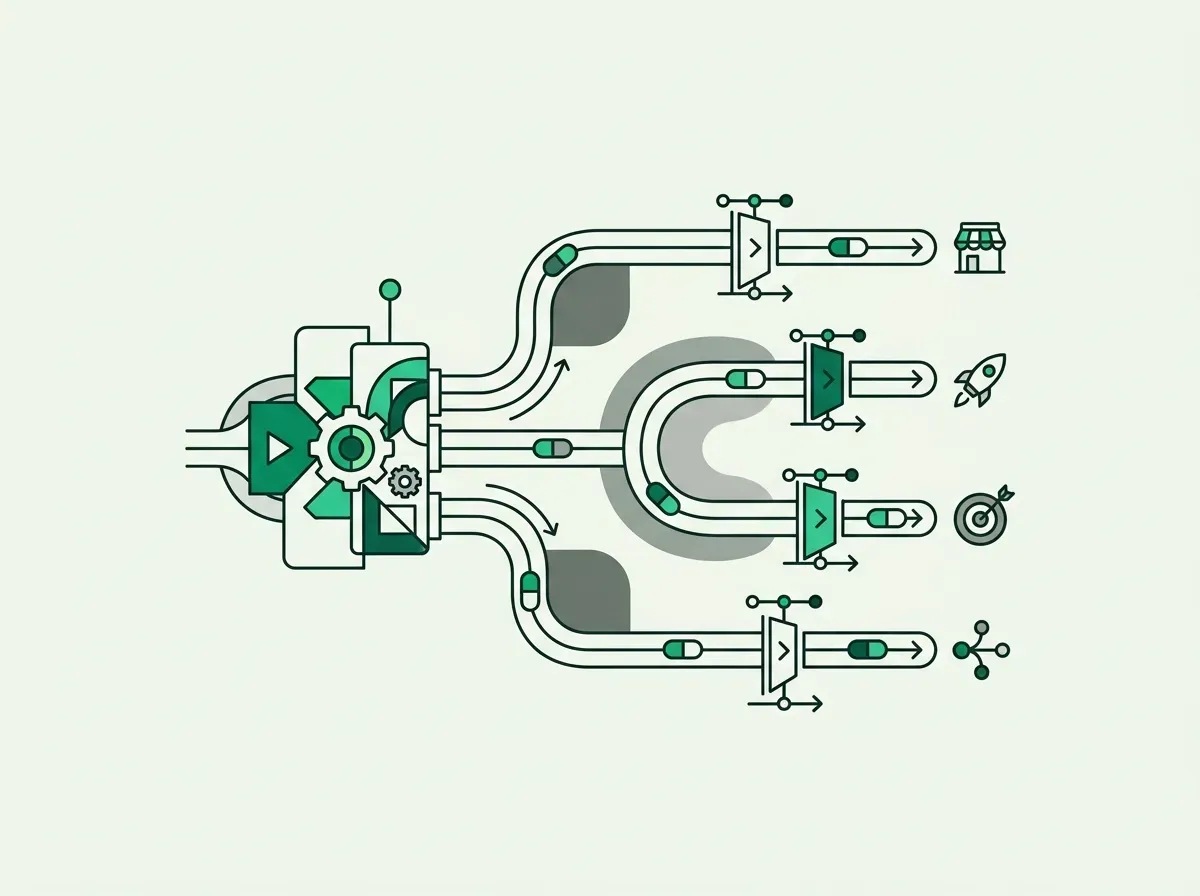 Minimal line drawing of a multi-track routing mechanism sending items through sequenced checkpoints.
