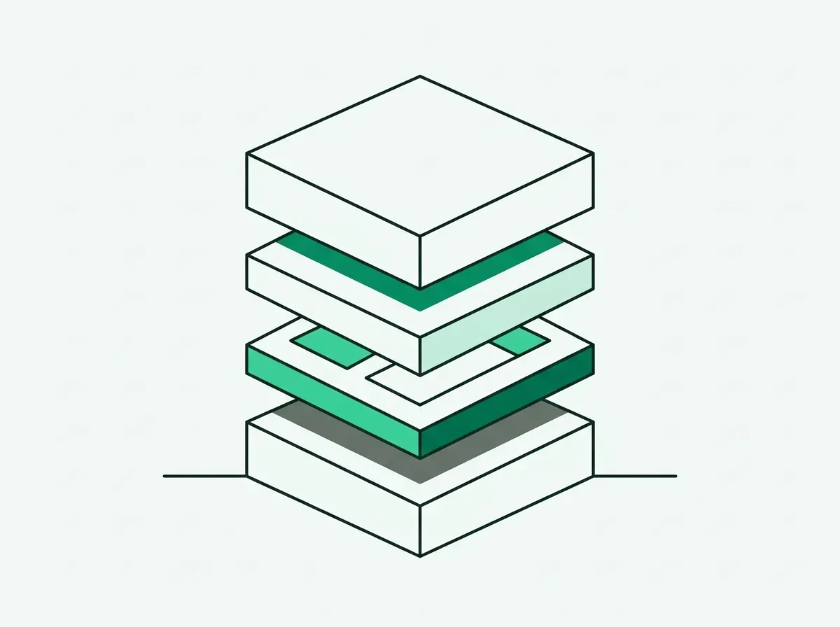 Minimal line art of a monolithic block separating into modular distinct geometric layers.